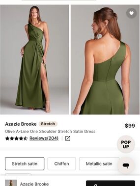 Azazie Olive A-Line One Shoulder Stretch Satin Bridesmaid Dress
